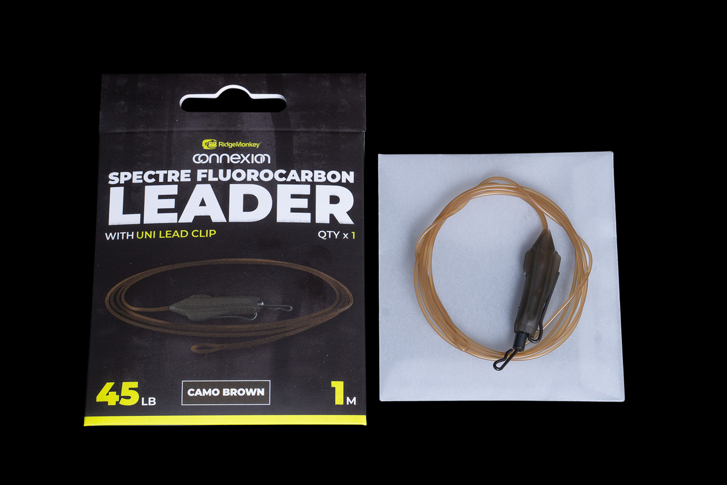 RidgeMonkey-Spectre-Fluorocarbon-Leader-With-Uni-Lead-Clip-Camo Brown RidgeMonkey Spectre Fluorocarbon Leader with Uni Lead Clip
